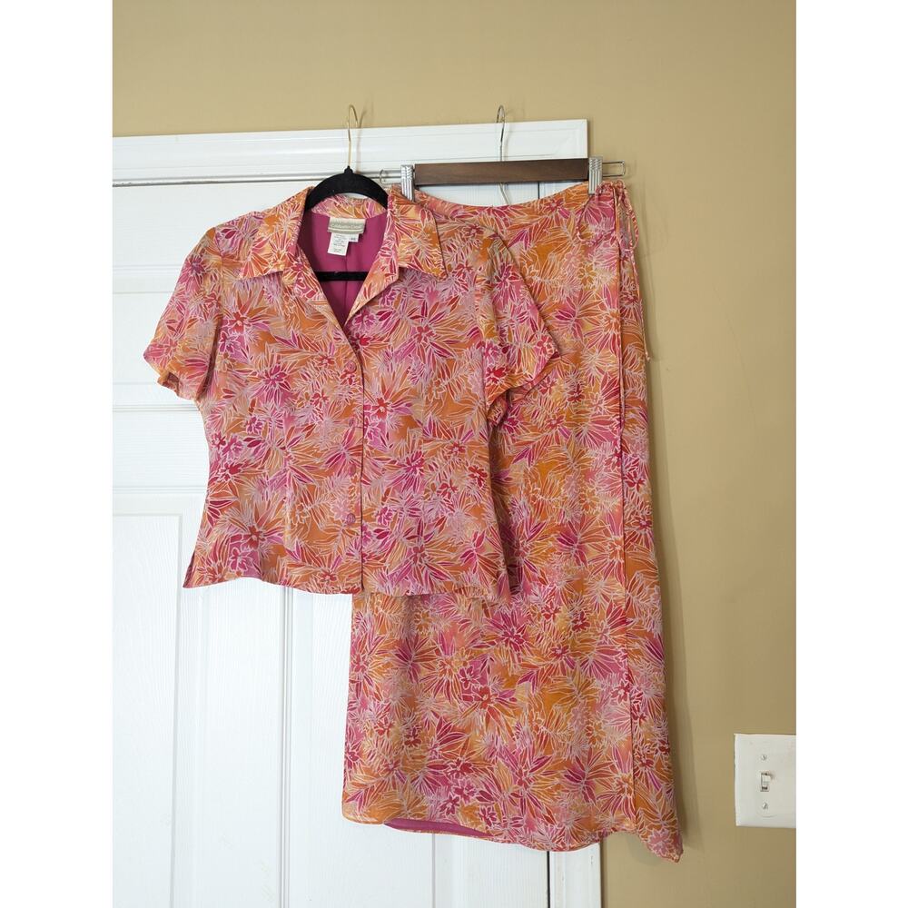 Coldwater Creek Silk Floral Top & Wrap Skirt Set Size 6P Tropical Coconut Girl